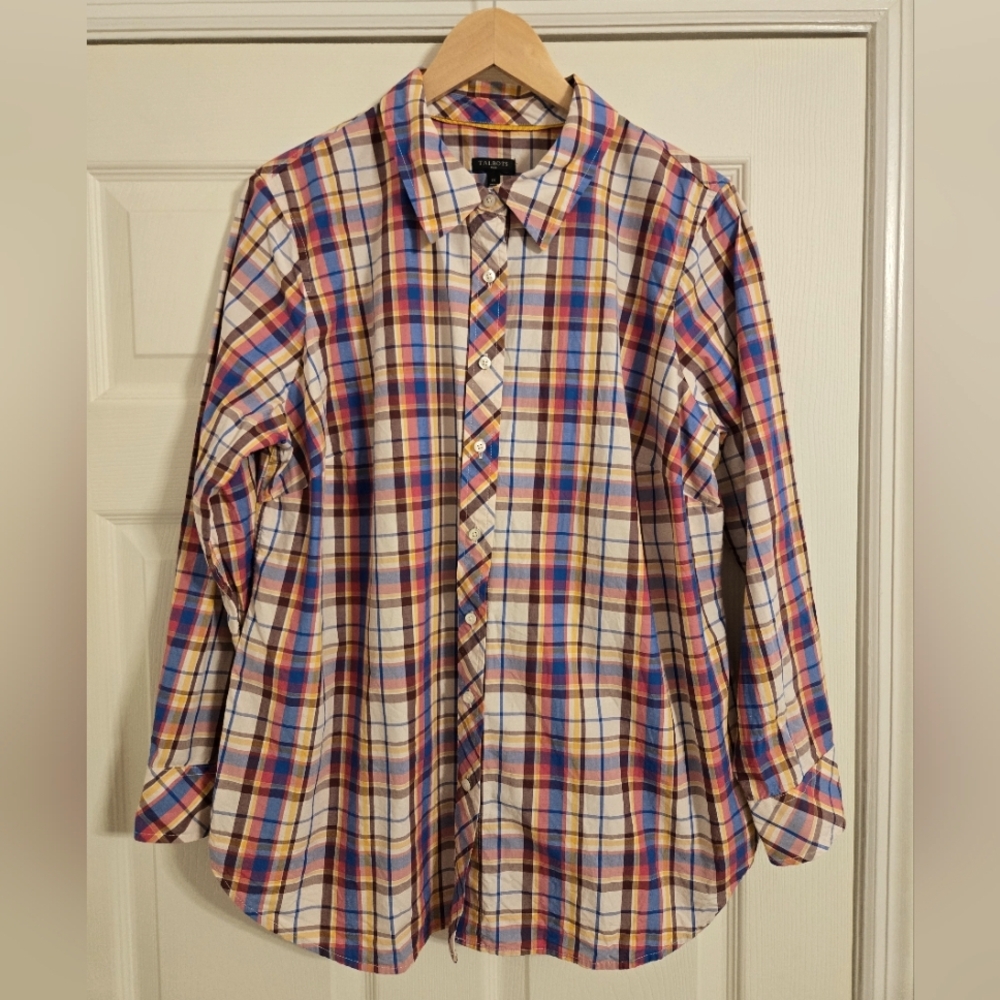 Talbots Women's Plus Pink And Blue Plaid Cotton Button Front Blouse Size 1X